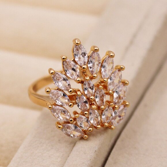 18K Yellow Gold Filled Multi Layer Flower Leaf Diamond Zircon Ring Gorgeous Gift - Picture 3 of 7